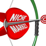 A bow and arrow with the words Niche Market and aiming at a red bulls-eye target, illustrating the pintpoint precision and focus needed to hone in on a specific market or audience
