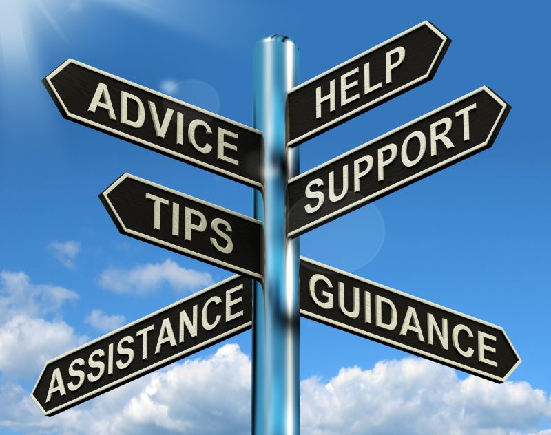 road sign pointing to advice, help, support, tips, guidance, assistance